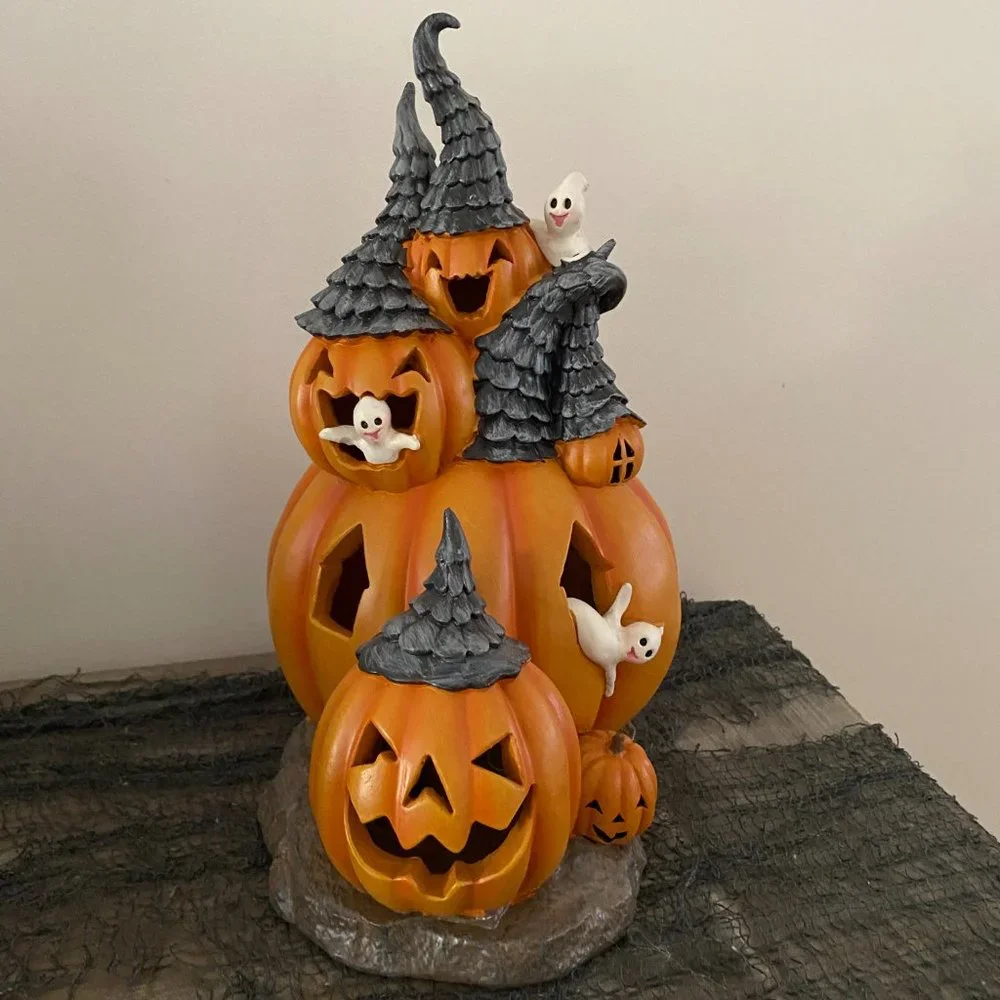 Halloween LED Lighted Pumpkin House Hangry Jack O Lantern Witch Hat Figure Ghost